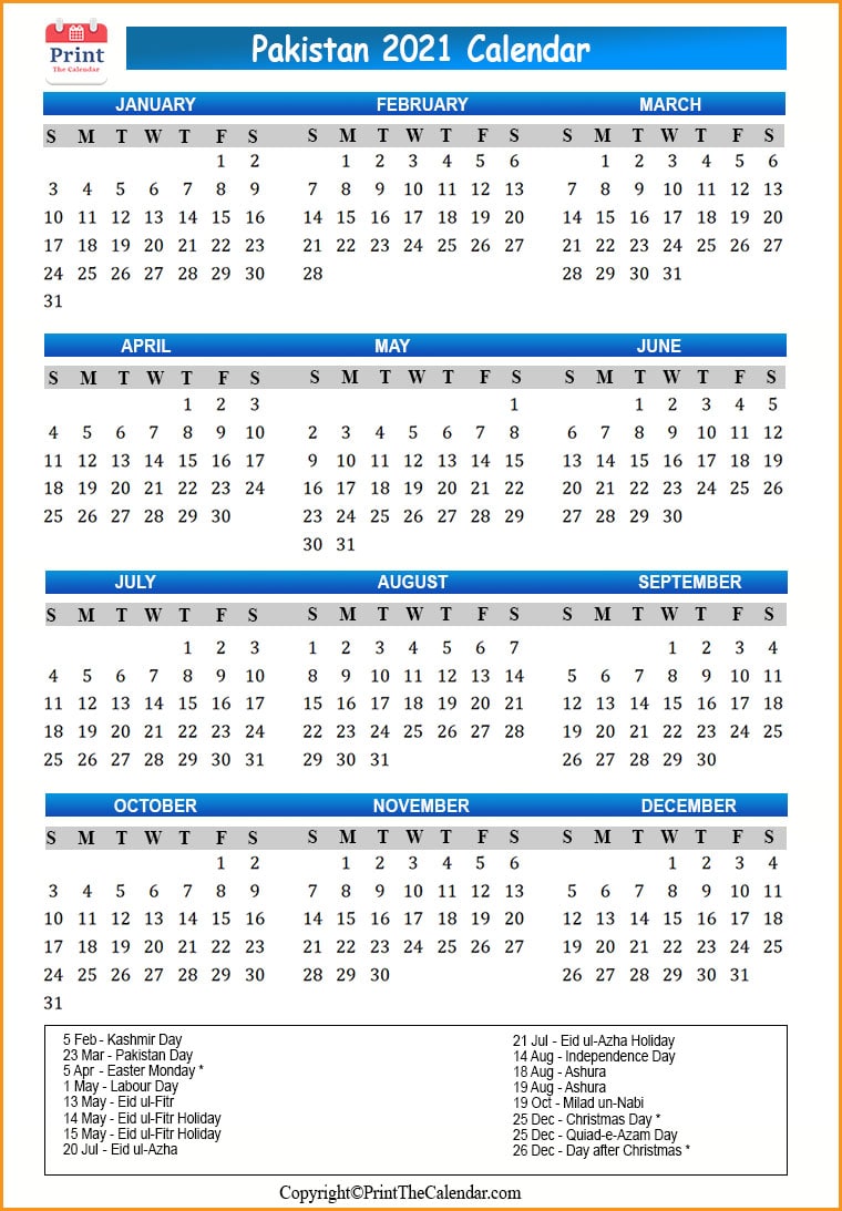 Pakistan Calendar 2021